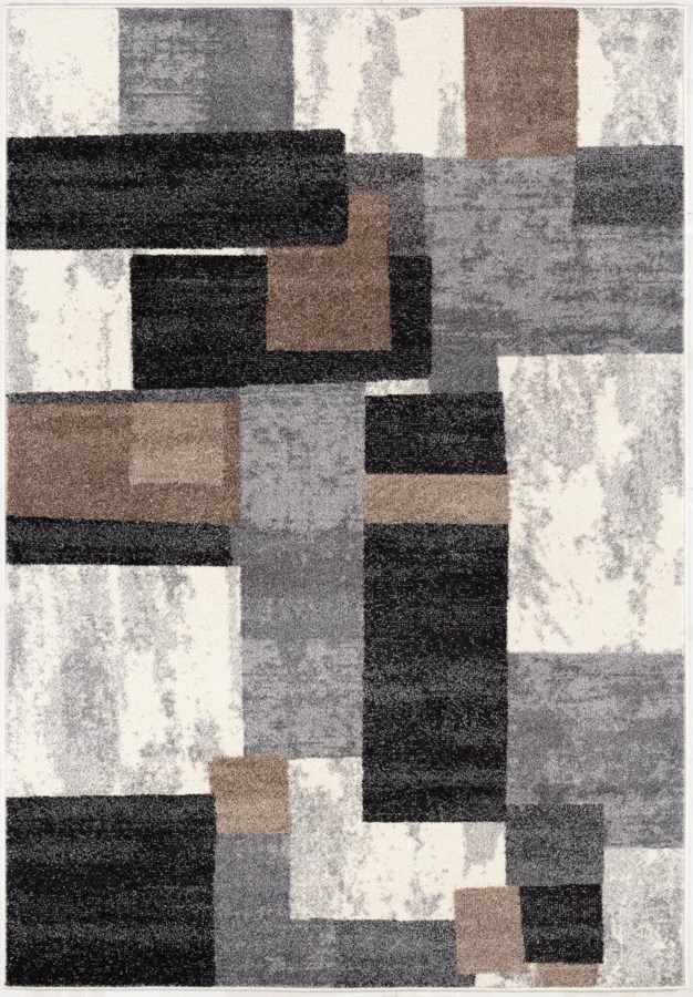 Picture of an area rug that has different size squares in brown, beige, grey, white, and charcoal